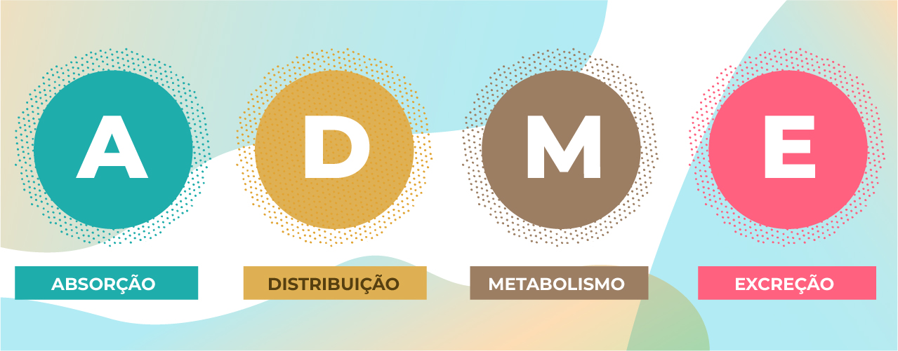 A imagem mostra 4 círculos coloridos, cada um representando uma letra do acrônimo ADME: A - Absorção; D - Distribuição; M - Metabolismo; e E - Excreção.
