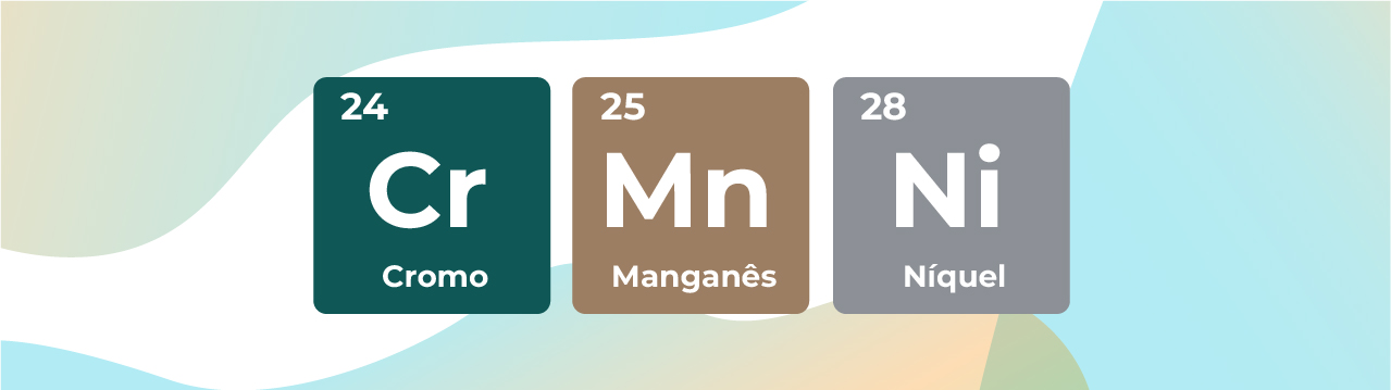 3 quadrados representando elementos da tabela periódica. São eles: Cromo, Manganês e Níquel.