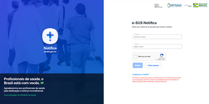 Página inicial do site do e-SUS Notifica